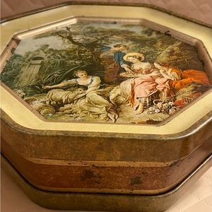 Vintage tin filled with vintage sewing supplies